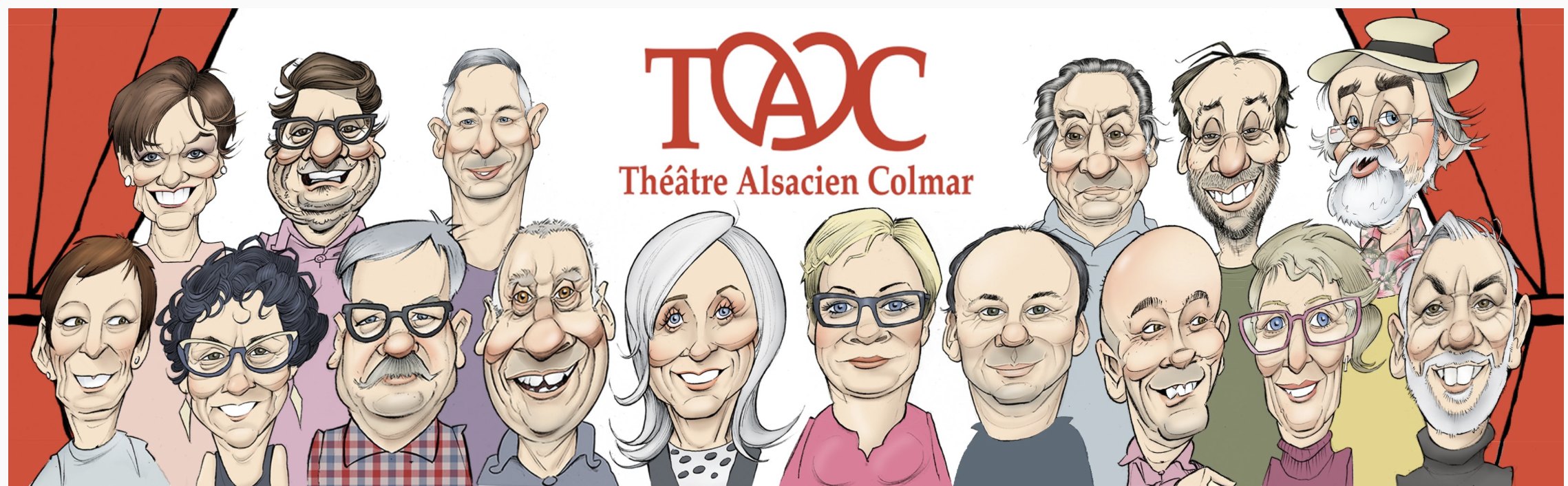 Les membres du comité du Théâtre Alsacien de Colmar en caricatures, entre deux pans de rideau rouge, autour du logo TAC